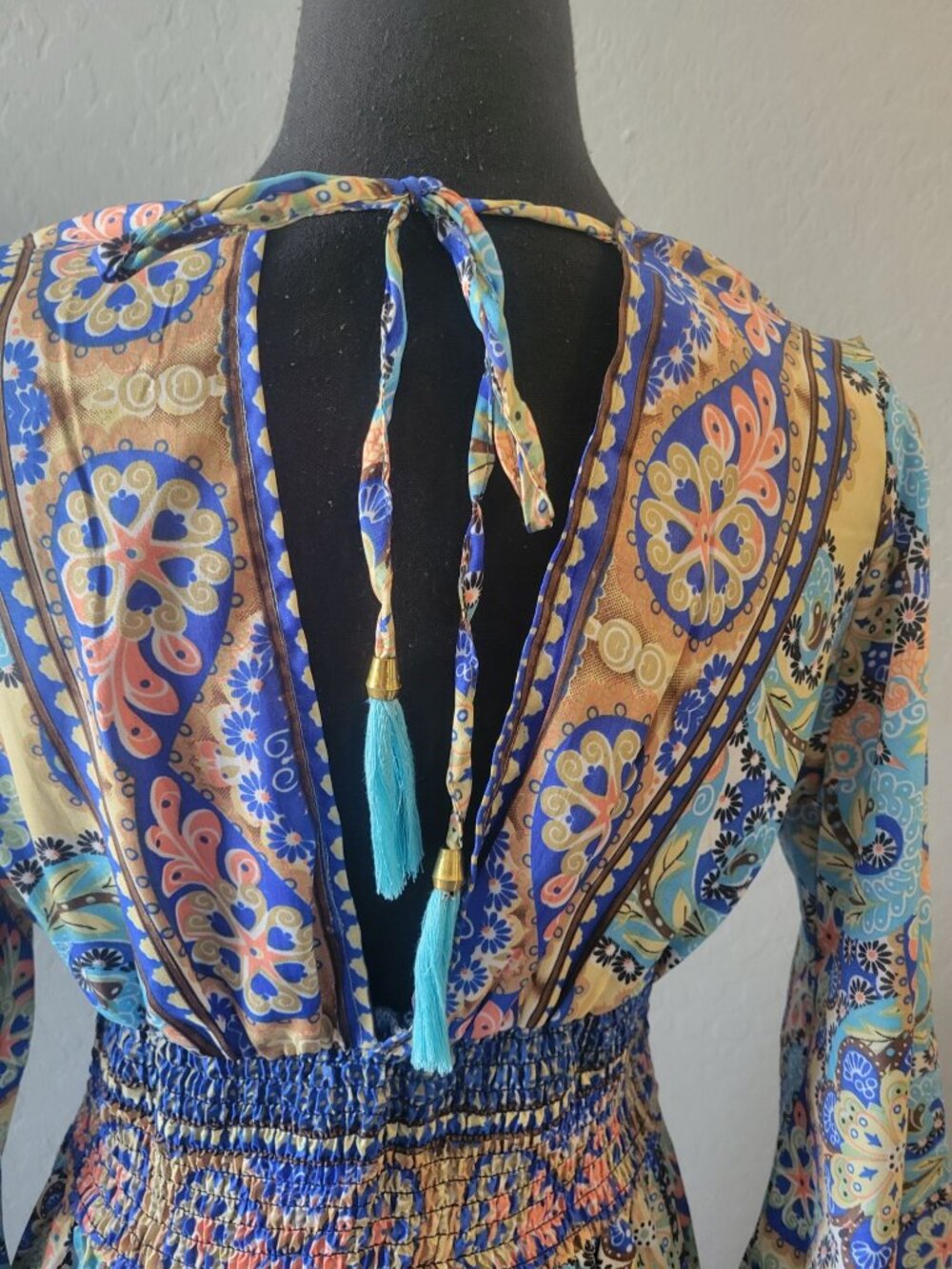 Mauni bohemian-Style dress vibrant blue paisley print smocked waist High Low - Picture 8 of 12